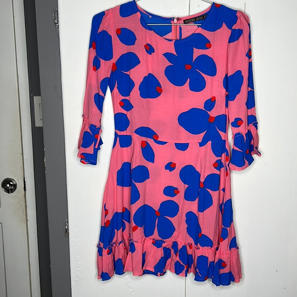 Mister Zimi Midi Dress Size 4 Pink Floral ruffle Art Retro